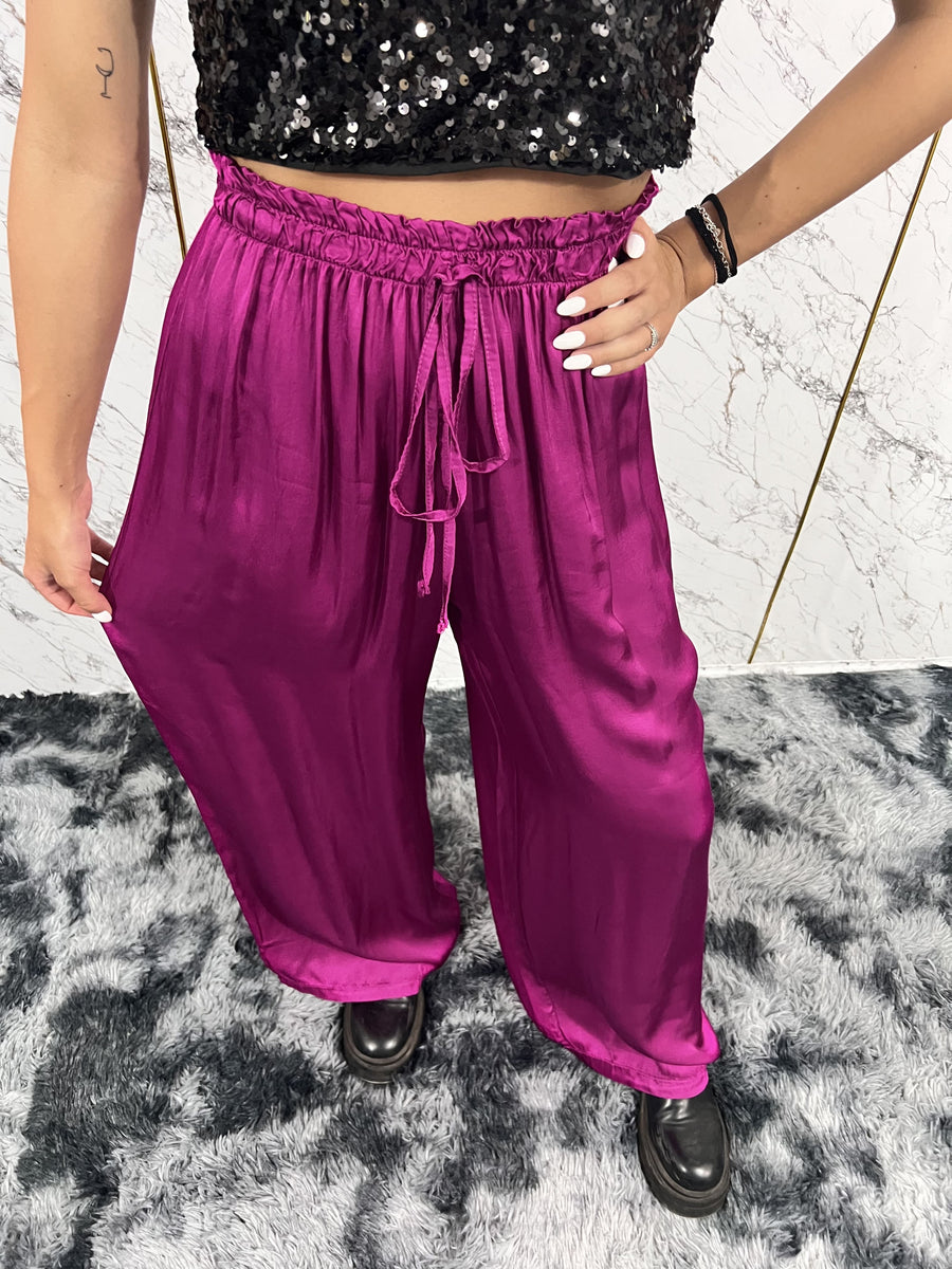 Pantaloni palazzo simil raso-FUCSIA