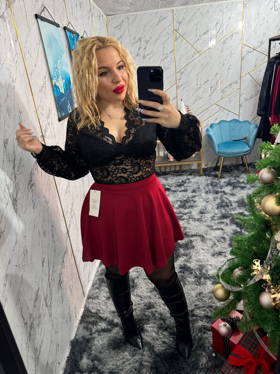 Crop top manica lunga in pizzo - Nero