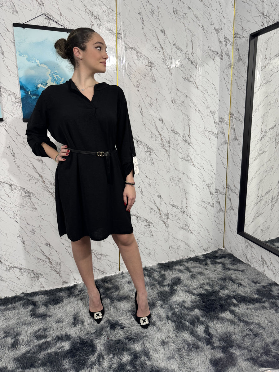 Blusa lunga con cinta- Nero