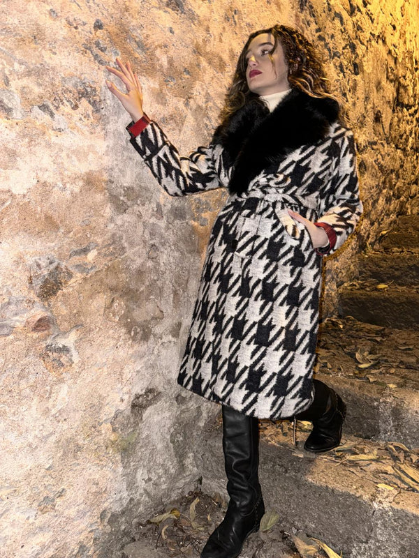 Houndstooth coat with fur-BEST QUALITY