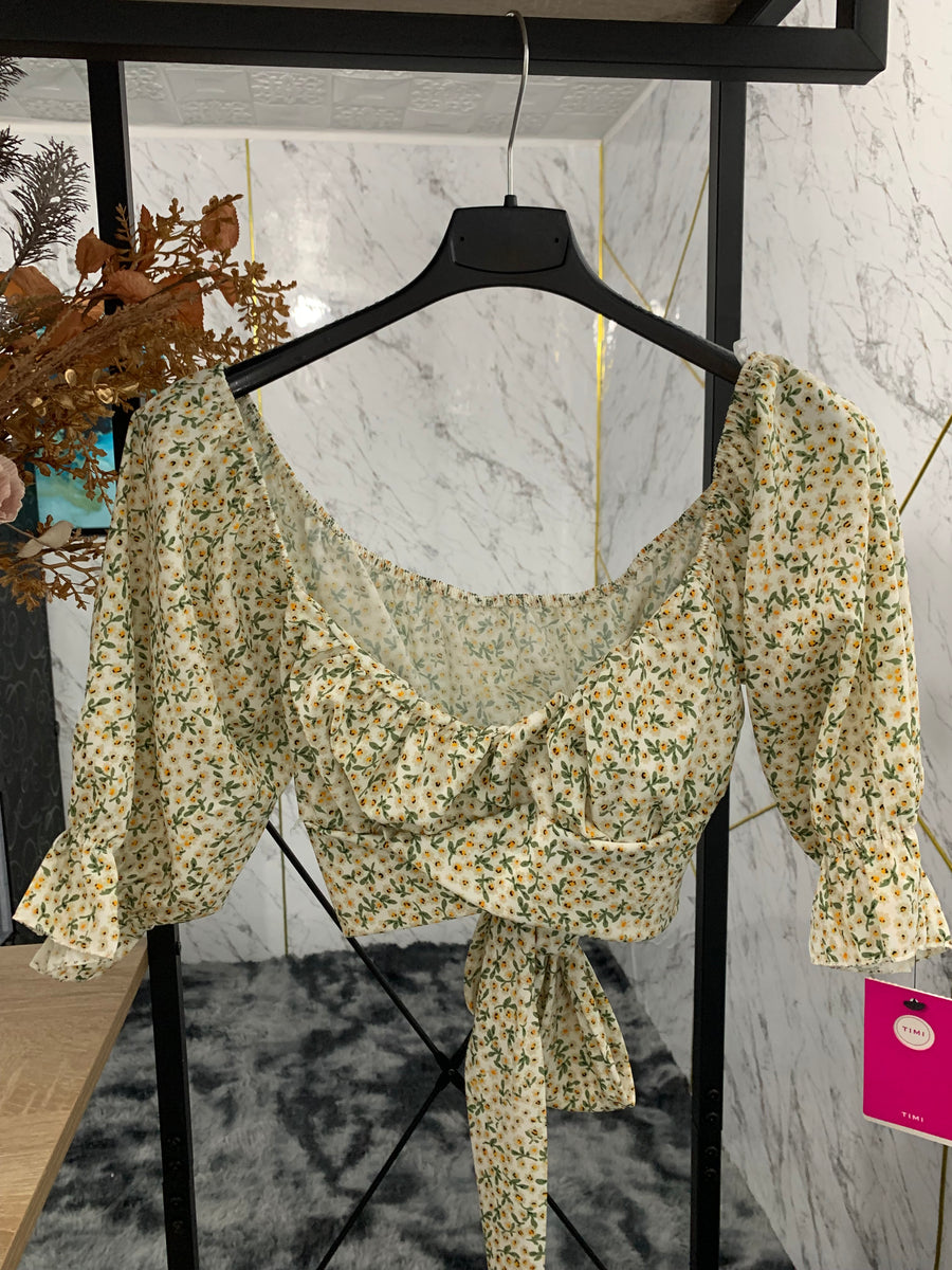 Crop top SCOLLO A BARCA FIORI -GIALLO