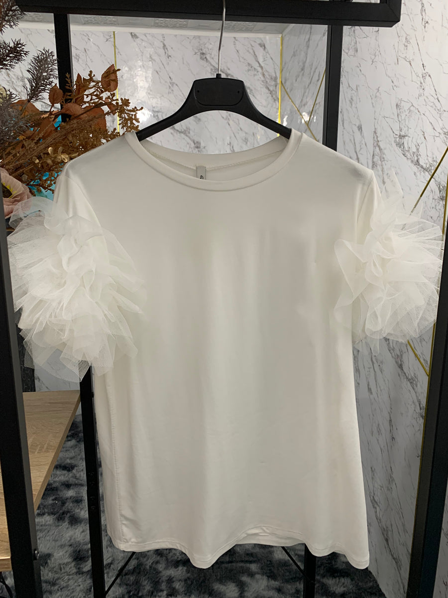 T-shirt maniche tulle-BIANCA